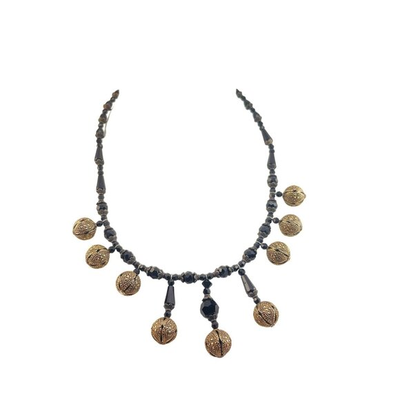 Czech Glass Bead and Sterling Silver Black Necklace Marcasite Mid Century - Picture 3 of 9